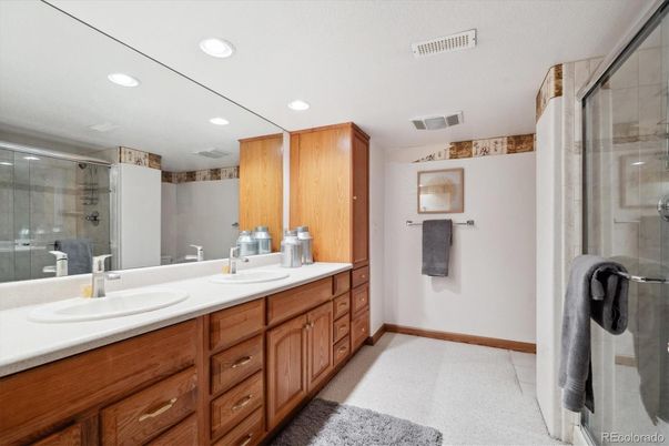 Bathroom, Dual Sink Vanities, Glass Shower, Interior, Recessed Lighting