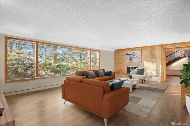Interior, Living room, Stone Walls, Wood Texture Flooring