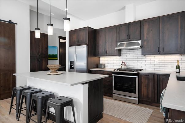 Interior, Kitchen, Pendant Lights, Stainless Steel Appliances, Wood Texture Flooring