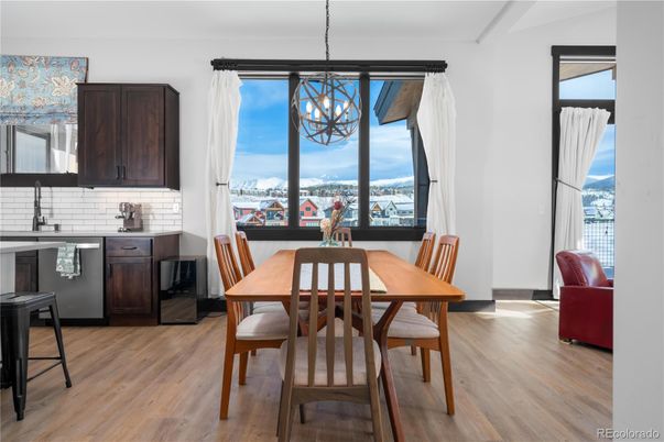 Dining room, Interior, Pendant Lights, Wood Texture Flooring