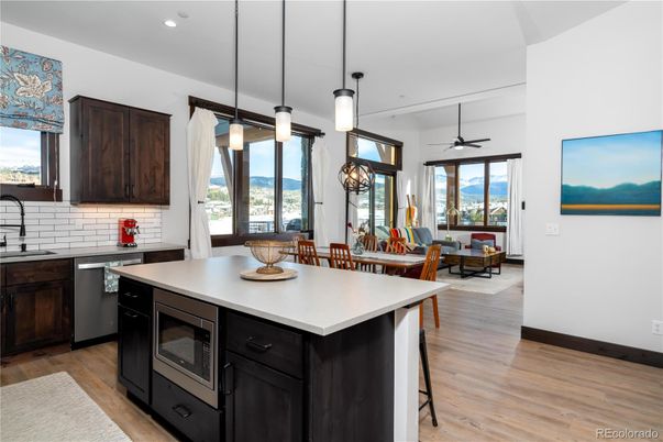 Dining room, Interior, Kitchen, Pendant Lights, Recessed Lighting, Wood Texture Flooring