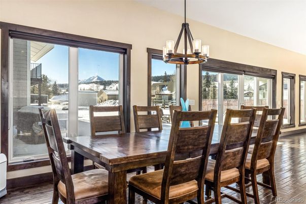 Dining room, Interior, Pendant Lights, Wood Texture Flooring