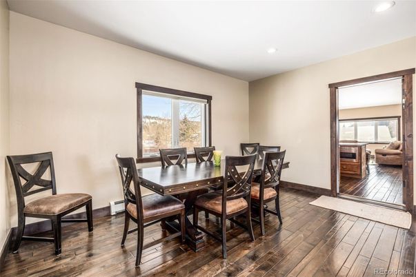 Dining room, Interior, Recessed Lighting, Wood Texture Flooring
