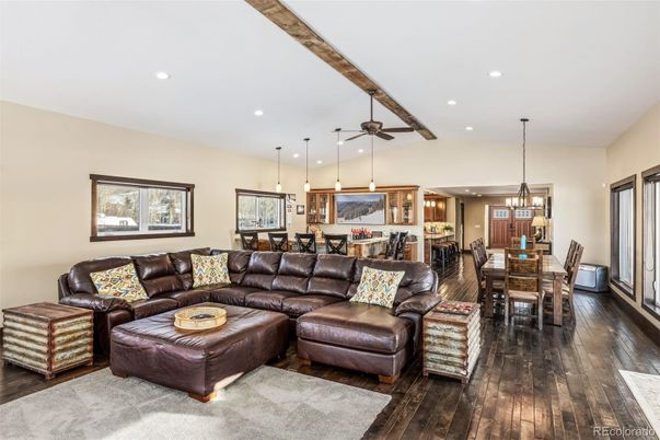 Dining room, Interior, Kitchen, Living room, Pendant Lights, Recessed Lighting, Wooden Beams, Wood Texture Flooring