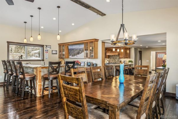 Dining room, Interior, Kitchen, Pendant Lights, Recessed Lighting, Wood Texture Flooring