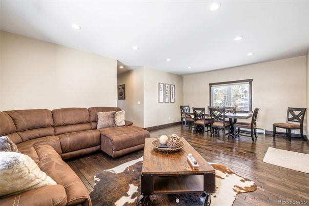 Dining room, Interior, Living room, Recessed Lighting, Wood Texture Flooring