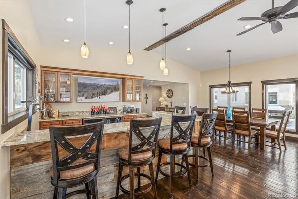 Dining room, Interior, Pendant Lights, Recessed Lighting, Wood Texture Flooring