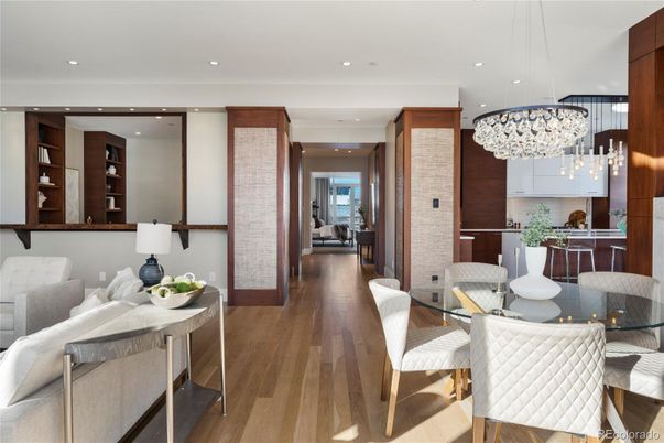 Dining room, Interior, Kitchen, Pendant Lights, Recessed Lighting, Wood Texture Flooring
