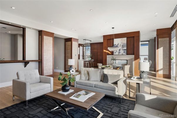 Dining room, Interior, Living room, Pendant Lights, Recessed Lighting, Wood Texture Flooring
