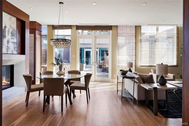 Dining room, Fireplace, Interior, Pendant Lights, Recessed Lighting, Wood Texture Flooring