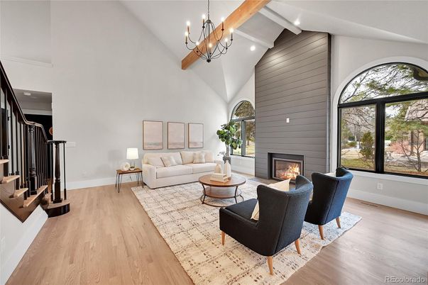 Chandelier, Fireplace, Interior, Living room, Pendant Lights, Wooden Beams, Wood Texture Flooring