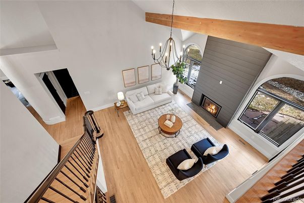 Chandelier, Fireplace, Interior, Living room, Wooden Beams, Wood Texture Flooring