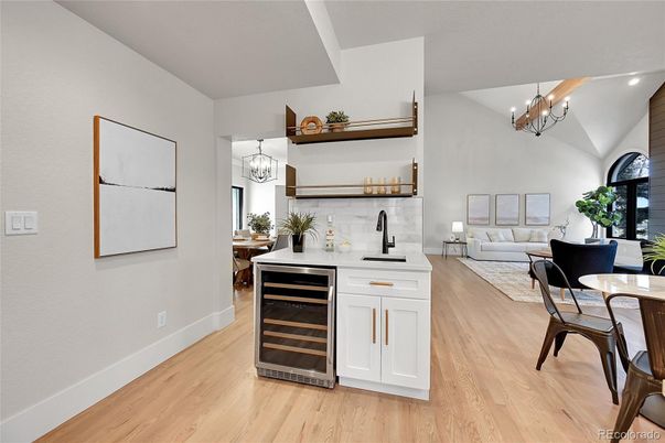 Chandelier, Dining room, Interior, Kitchen, Living room, Recessed Lighting, Wood Texture Flooring