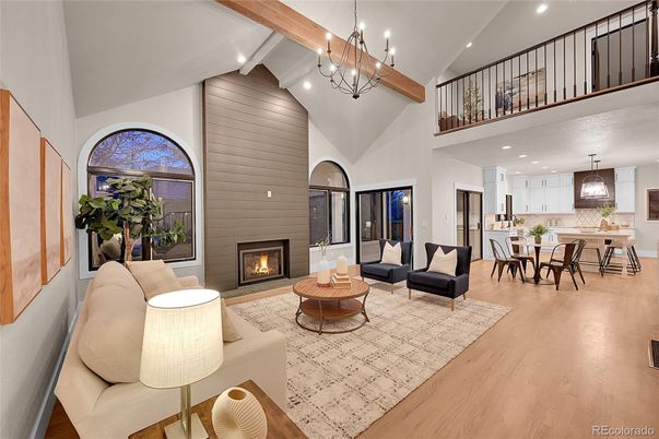 Chandelier, Dining room, Fireplace, Interior, Kitchen, Living room, Pendant Lights, Recessed Lighting, Wooden Beams, Wood Texture Flooring