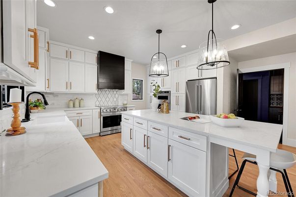 Interior, Kitchen, Pendant Lights, Recessed Lighting, Stainless Steel Appliances, Wood Texture Flooring