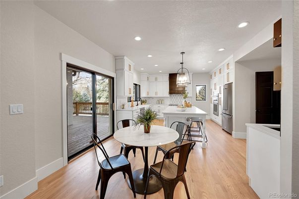 Dining room, Interior, Kitchen, Pendant Lights, Recessed Lighting, Wood Texture Flooring
