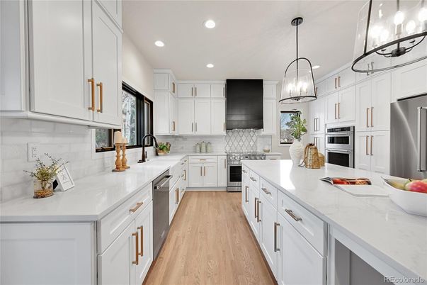 Interior, Kitchen, Pendant Lights, Recessed Lighting, Stainless Steel Appliances, Wood Texture Flooring