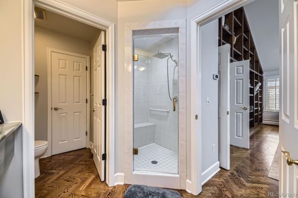 Bathroom, Glass Shower, Interior, Wood Texture Flooring