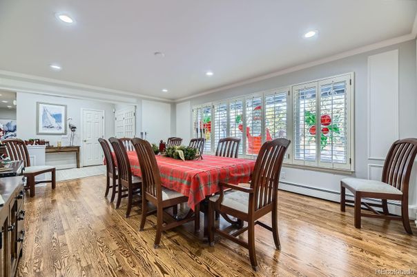 Dining room, Interior, Recessed Lighting, Wood Texture Flooring