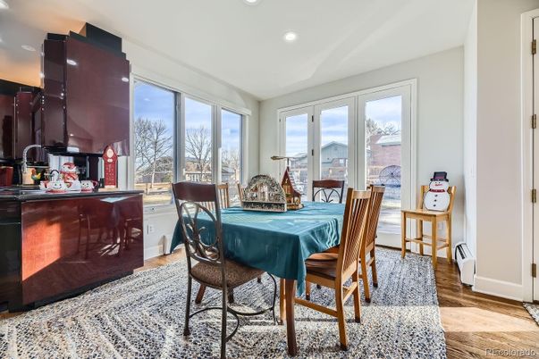 Dining room, Interior, Recessed Lighting, Wood Texture Flooring