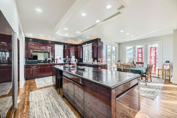 Dining room, Interior, Kitchen, Recessed Lighting, Wood Texture Flooring