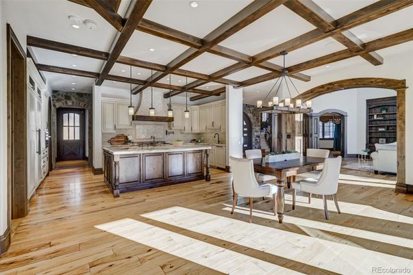 Chandelier, Dining room, Interior, Kitchen, Pendant Lights, Recessed Lighting, Wooden Beams, Wood Texture Flooring