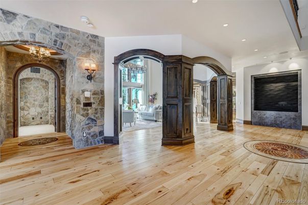 Fireplace, Interior, Recessed Lighting, Stone Walls, Wood Texture Flooring