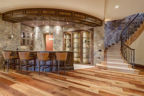 Interior, Pendant Lights, Recessed Lighting, Stone Walls, Wood Texture Flooring