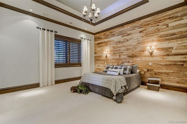 Bedroom, Chandelier, Interior, Recessed Lighting, Wooden Walls