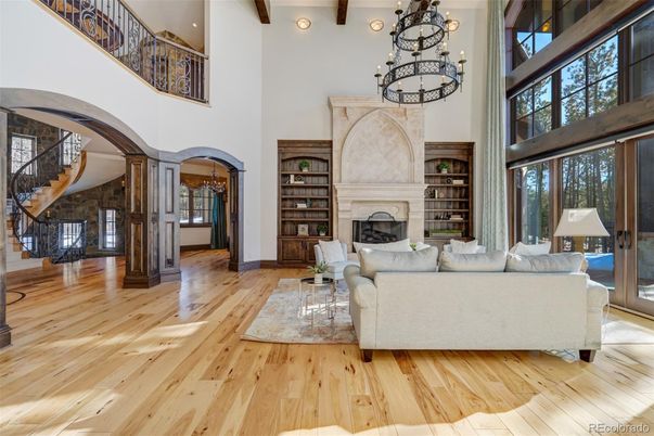 Chandelier, Fireplace, Interior, Living room, Recessed Lighting, Wooden Beams, Wood Texture Flooring