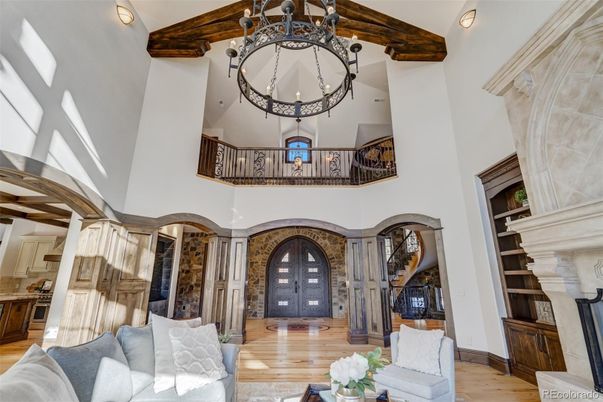 Chandelier, Fireplace, Interior, Wooden Beams, Wood Texture Flooring