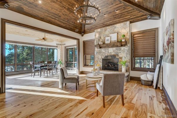 Dining room, Fireplace, Interior, Living room, Stone Walls, Wooden Beams, Wooden Ceilings, Wood Texture Flooring