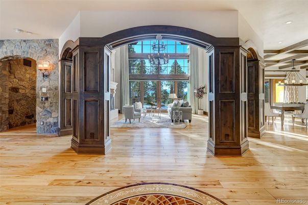 Dining room, Interior, Pendant Lights, Recessed Lighting, Stone Walls, Wood Texture Flooring