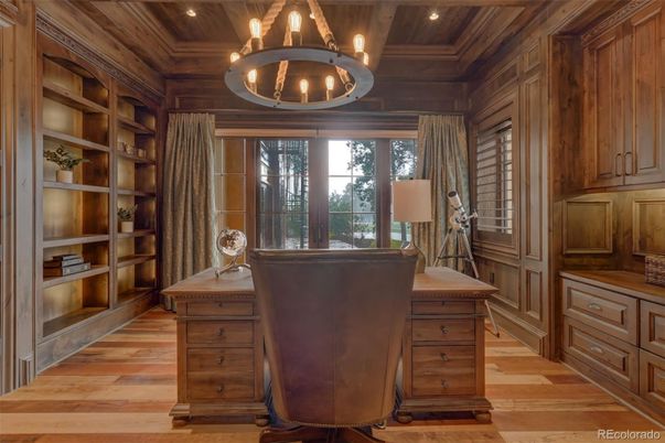 Chandelier, Home Office, Interior, Recessed Lighting, Wooden Ceilings, Wood Texture Flooring, Wooden Walls