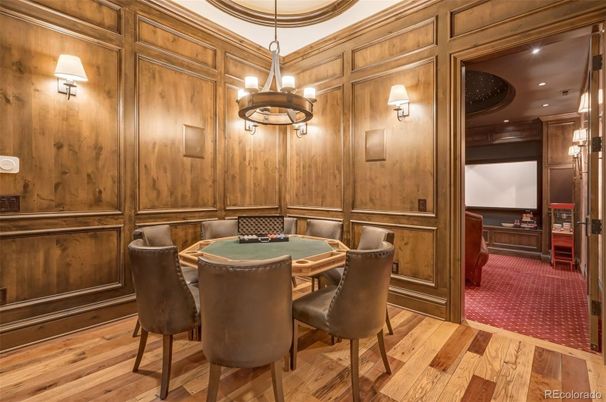 Billiard Table, Chandelier, Game Room, Interior, Recessed Lighting, Wood Texture Flooring, Wooden Walls