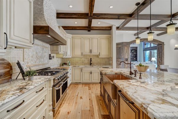 Interior, Kitchen, Pendant Lights, Recessed Lighting, Stainless Steel Appliances, Wooden Beams, Wood Texture Flooring