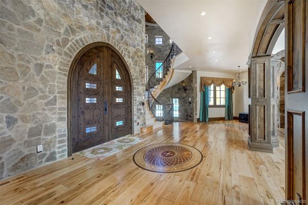 Chandelier, Interior, Recessed Lighting, Stone Walls, Wood Texture Flooring