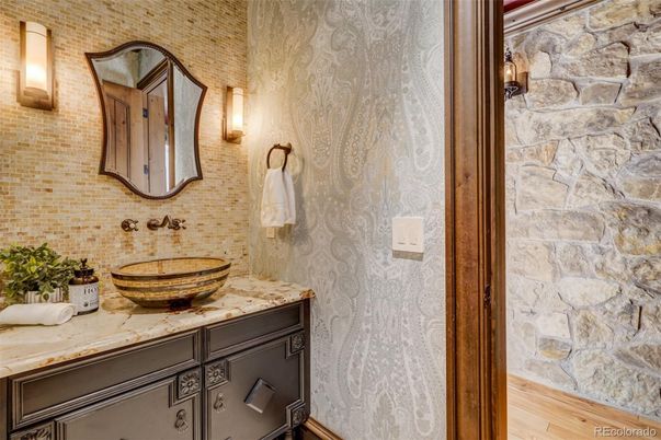 Bathroom, Interior, Stone Walls, Wood Texture Flooring