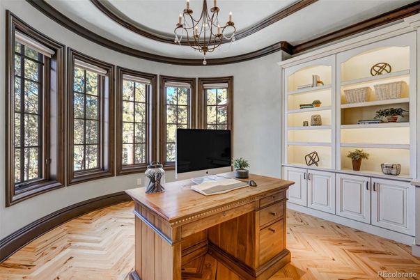 Chandelier, Home Office, Interior, Wood Texture Flooring