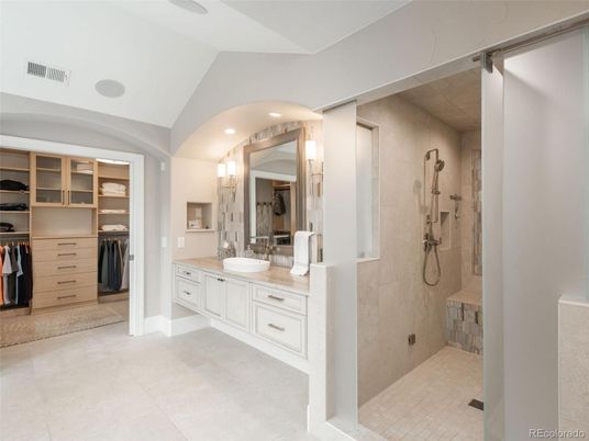 Bathroom, Dual Sink Vanities, Interior, Recessed Lighting, Walk-in Closets