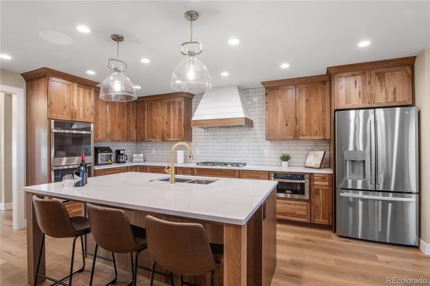 Interior, Kitchen, Pendant Lights, Recessed Lighting, Stainless Steel Appliances, Wood Texture Flooring