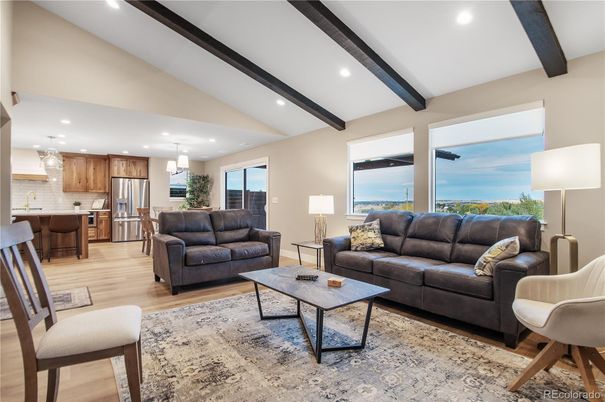 Interior, Kitchen, Living room, Pendant Lights, Recessed Lighting, Stainless Steel Appliances, Wooden Beams, Wood Texture Flooring