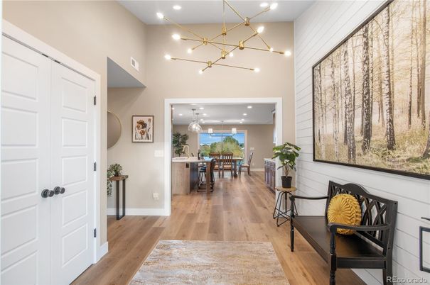 Dining room, Interior, Pendant Lights, Recessed Lighting, Wood Texture Flooring