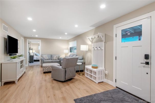 Interior, Living room, Recessed Lighting, Wood Texture Flooring