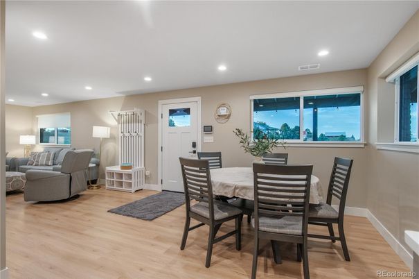 Dining room, Interior, Living room, Recessed Lighting, Wood Texture Flooring