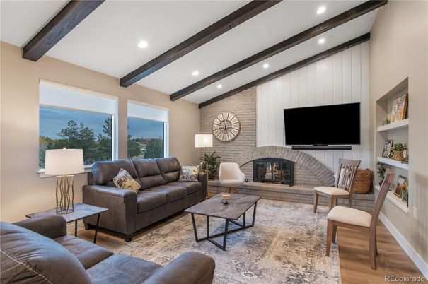 Fireplace, Interior, Living room, Recessed Lighting, Stone Walls, Wooden Beams, Wood Texture Flooring