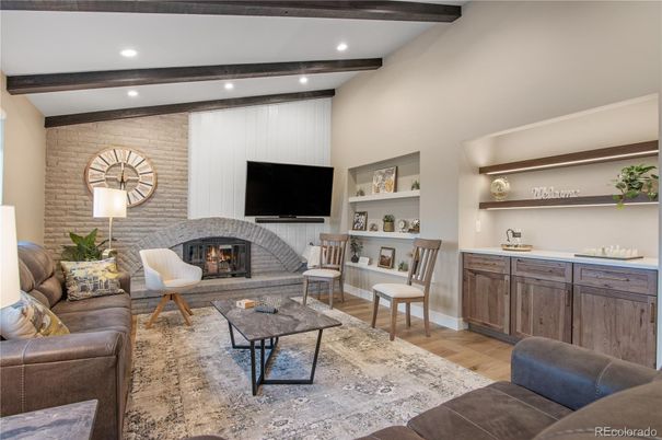 Fireplace, Interior, Living room, Recessed Lighting, Stone Walls, Wooden Beams, Wood Texture Flooring