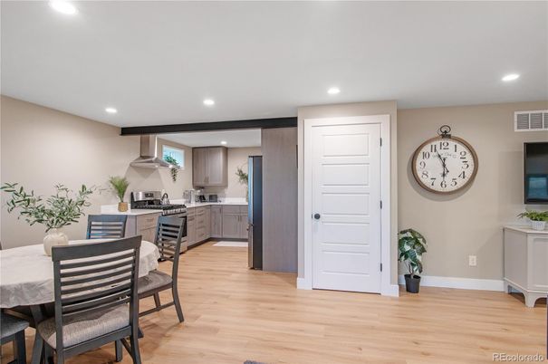Dining room, Interior, Kitchen, Recessed Lighting, Stainless Steel Appliances, Wooden Beams, Wood Texture Flooring