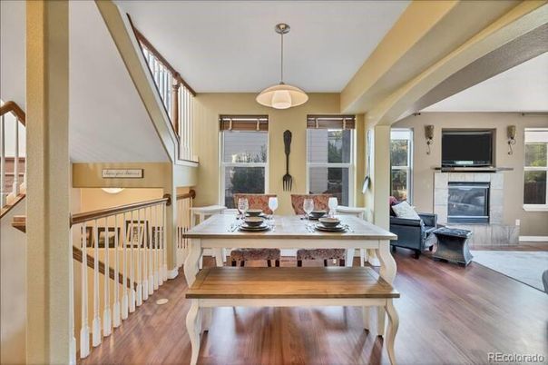 Dining room, Fireplace, Interior, Pendant Lights, Wood Texture Flooring