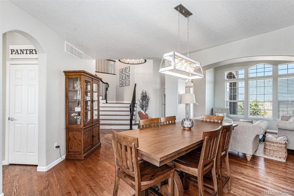 Dining room, Interior, Pendant Lights, Wood Texture Flooring